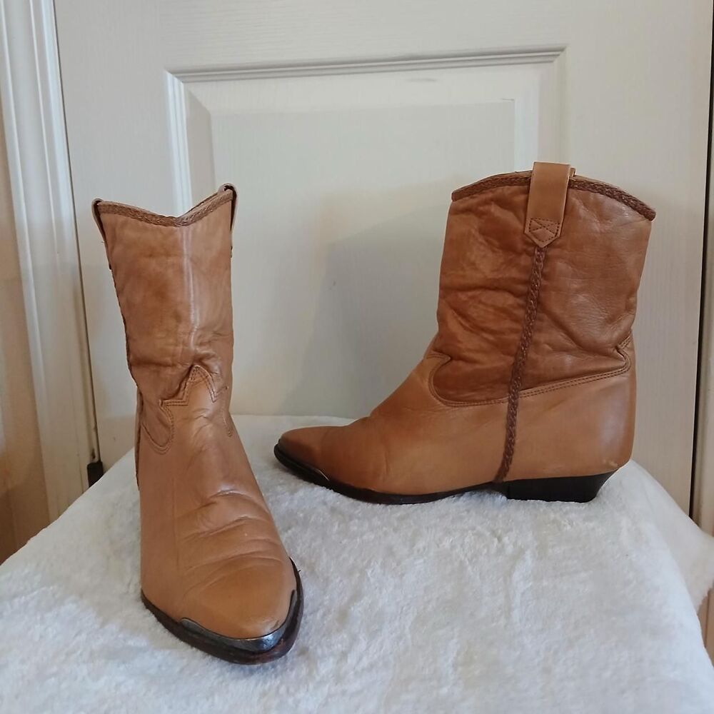 VTG Zodiac USA distressed leather slouchy pointed toe cowboy boots braided 11
